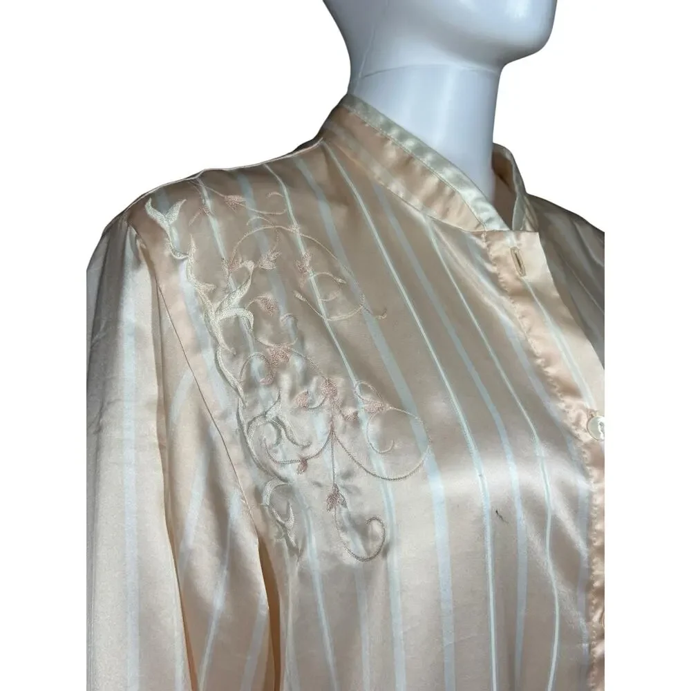 Vintage Natori Classics Peach Embroidered Satin Nightgown Sleep Shirt Medium